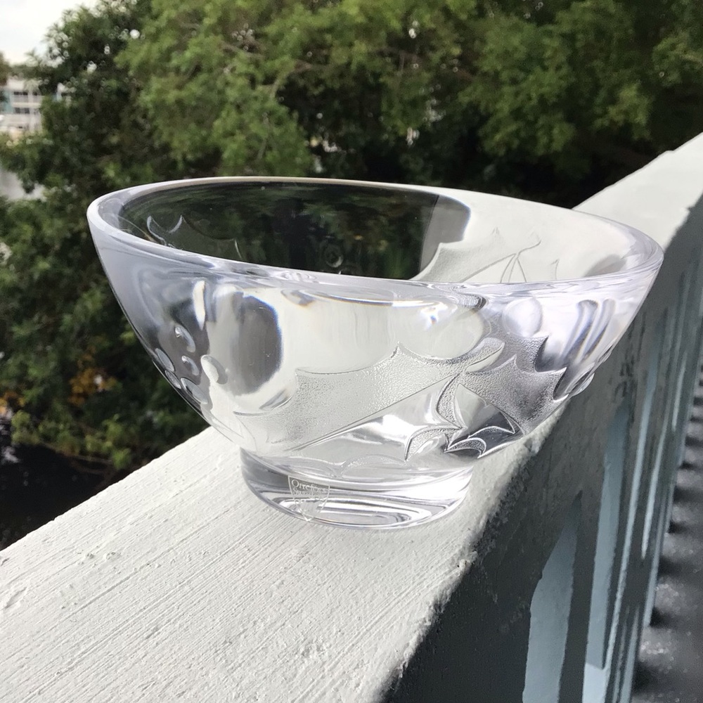 Orrefors Sweden Holly Day Crystal Bowl with Original Sticker Engraved Signature